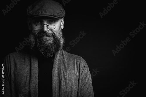 Obraz na płótnie Black and white, portrait of an emotional bearded man in a gray hat, gray sweater and glasses looking at the camera on a dark background. Dramatic portrait in dim lighting, expressive face, emotional w salonie