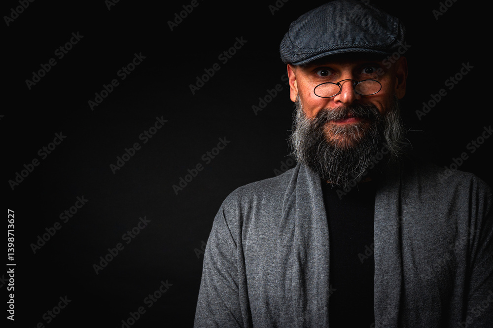 Portrait of an emotional bearded man in a gray brass knuckles, a gray sweater and glasses looking at the camera on a dark background. Dramatic portrait in subdued lighting, expressive face, emotional