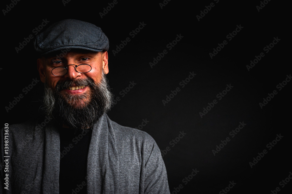Portrait of an emotional bearded man in a gray brass knuckles, a gray sweater and glasses looking at the camera on a dark background. Dramatic portrait in subdued lighting, expressive face, emotional