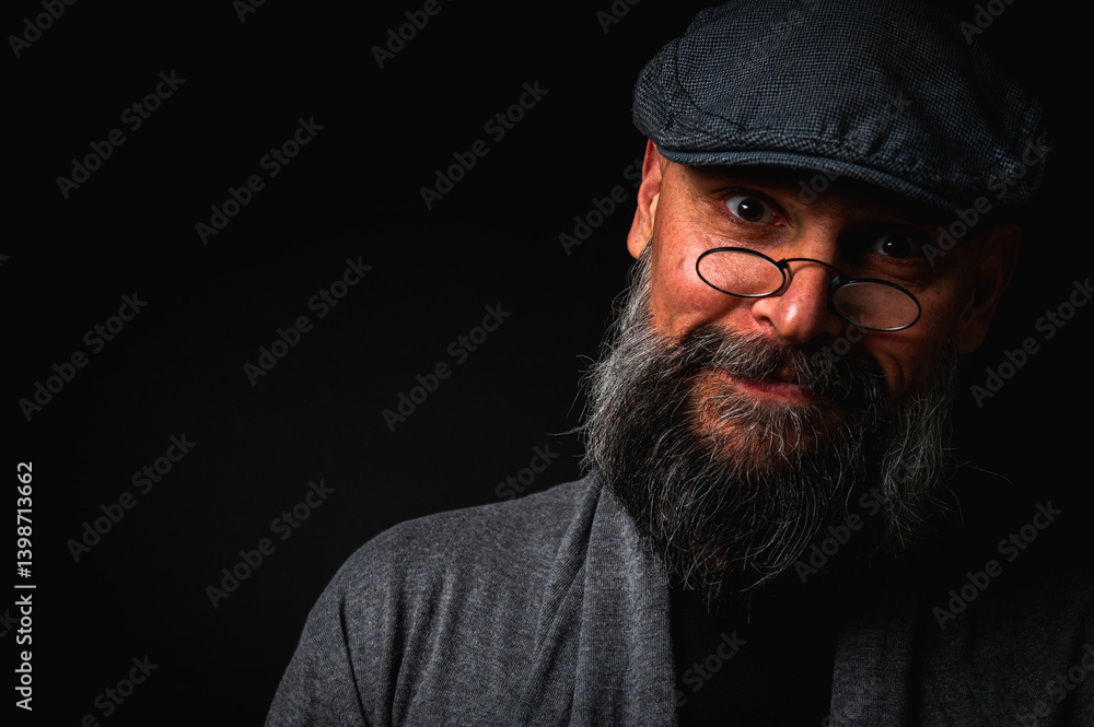 Portrait of an emotional bearded man in a gray hat, gray sweater and glasses looking at the camera on a dark background. Dramatic portrait in dim lighting, expressive face, emotional