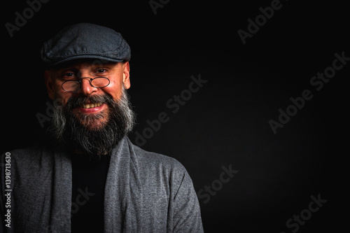 Obraz na płótnie Portrait of an emotional bearded man in a gray brass knuckles, a gray sweater and glasses looking at the camera on a dark background. Dramatic portrait in subdued lighting, expressive face, emotional w salonie