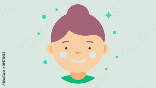 Happy Skin A smiling face profile with a dewy complexion highlighted with sparkles and small particles representing effective moisturizing properties.
