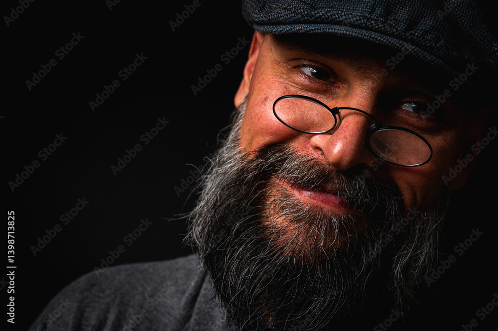 emotional, macro portrait of a serious bearded man in a cap and glasses on a black background. Stylish, intense look with a confident and mysterious expression, emotions place for inscription on a bil