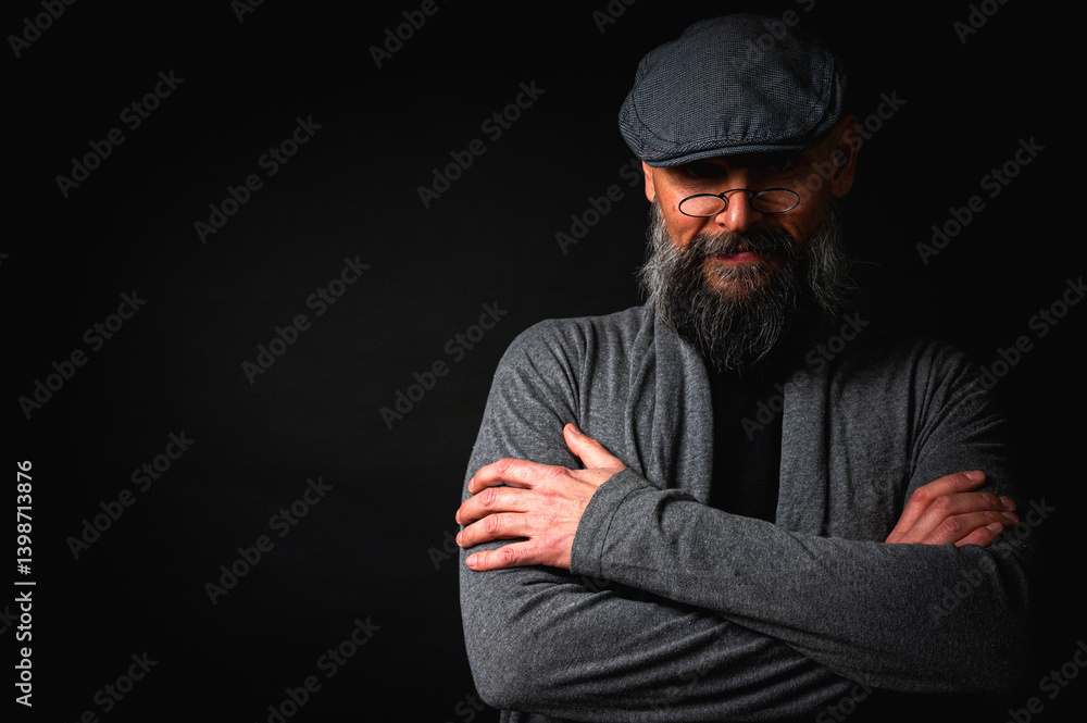 Portrait of an emotional bearded man in a gray hat, gray sweater and glasses looking at the camera on a dark background. Dramatic portrait in dim lighting, expressive face, emotional