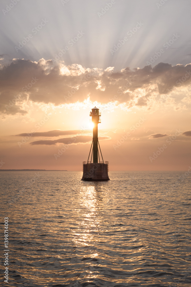 Lighthouse in the Ocean at Sunset with Sun Rays
