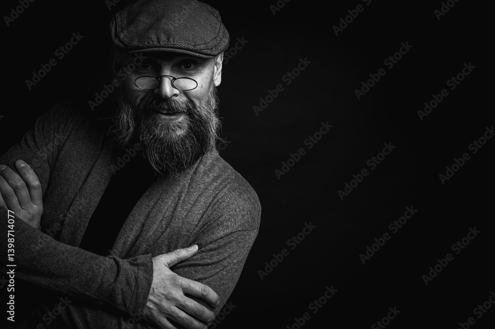 Black and white, portrait of an emotional bearded man in a gray hat, gray sweater and glasses looking at the camera on a dark background. Dramatic portrait in dim lighting, expressive face, emotional