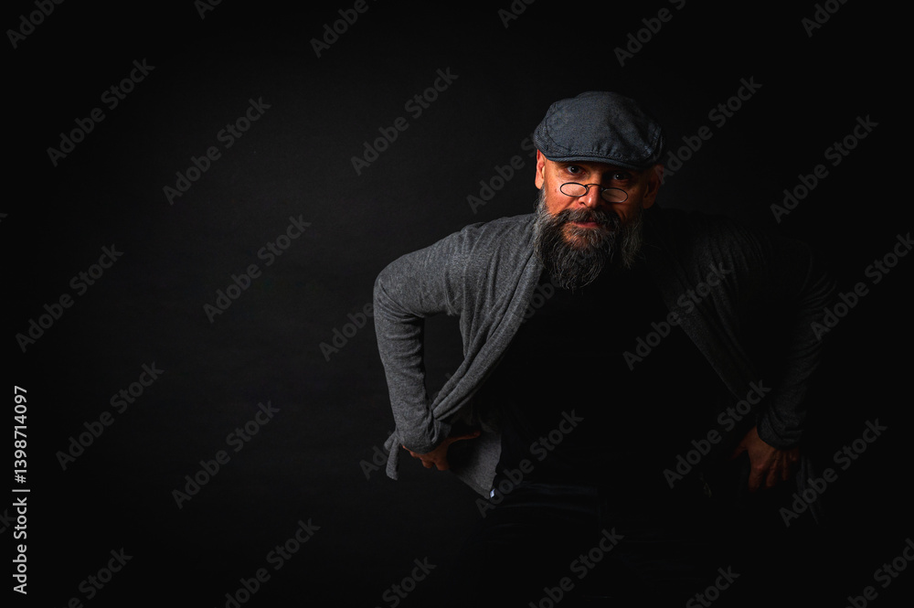 Portrait of an emotional bearded man in a gray hat, gray sweater and glasses looking at the camera on a dark background. Dramatic portrait in dim lighting, expressive face, emotional
