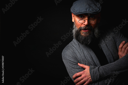 Obraz na płótnie Portrait of an emotional bearded man in a gray hat, gray sweater and glasses looking at the camera on a dark background. Dramatic portrait in dim lighting, expressive face, emotional w salonie