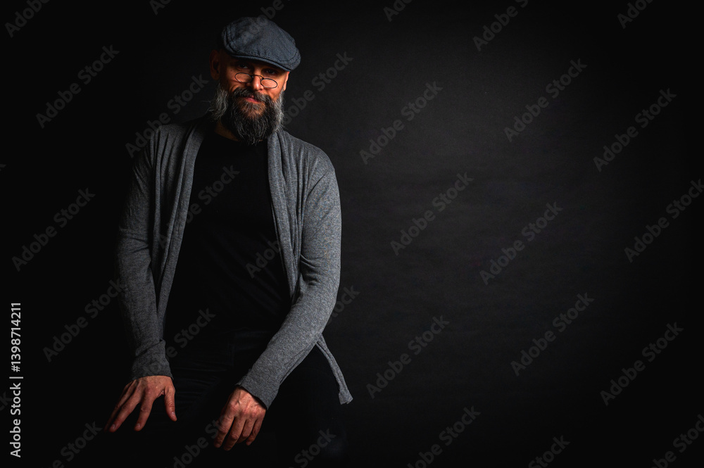 Portrait of an emotional bearded man in a gray brass knuckles, a gray sweater and glasses looking at the camera on a dark background. Dramatic portrait in subdued lighting, expressive face, emotional
