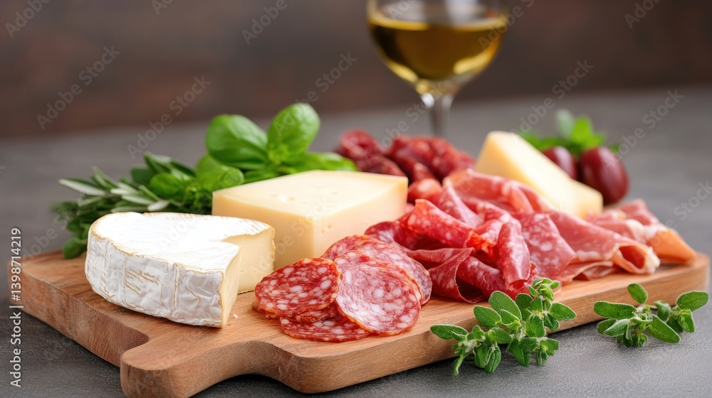 Gourmet cheese and meat food still life with wine on wooden board Gourmet cheese and meat food still life with wine on wooden board