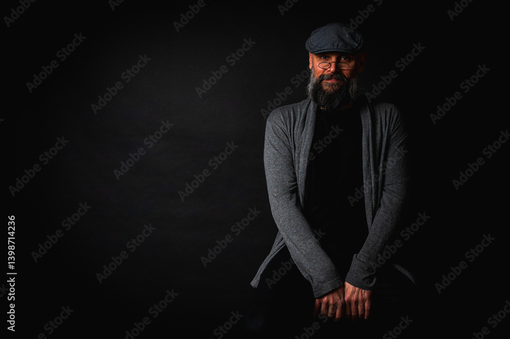 Portrait of an emotional bearded man in a gray hat, gray sweater and glasses looking at the camera on a dark background. Dramatic portrait in dim lighting, expressive face, emotional