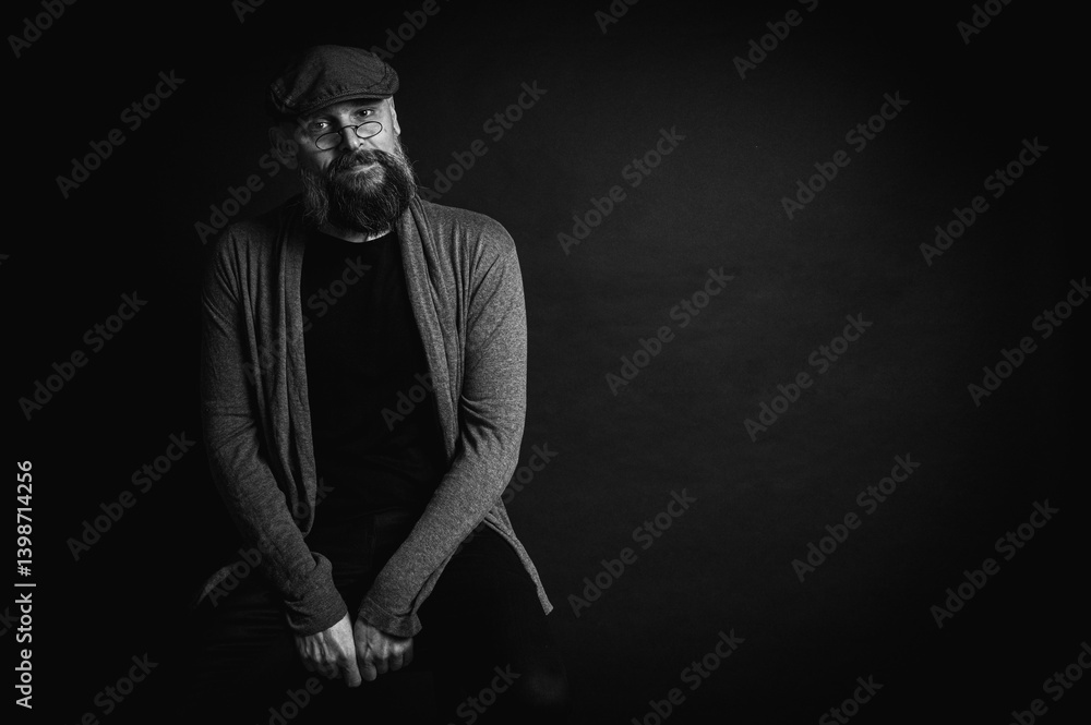 Black and white, portrait of an emotional bearded man in a gray hat, gray sweater and glasses looking at the camera on a dark background. Dramatic portrait in dim lighting, expressive face, emotional