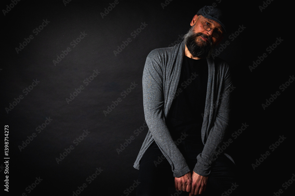 Portrait of an emotional bearded man in a gray brass knuckles, a gray sweater and glasses looking at the camera on a dark background. Dramatic portrait in subdued lighting, expressive face, emotional