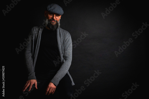 Obraz na płótnie Portrait of an emotional bearded man in a gray brass knuckles, a gray sweater and glasses looking at the camera on a dark background. Dramatic portrait in subdued lighting, expressive face, emotional w salonie
