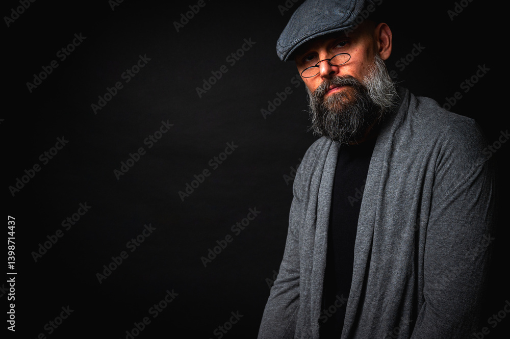 Portrait of an emotional bearded man in a gray brass knuckles, a gray sweater and glasses looking at the camera on a dark background. Dramatic portrait in subdued lighting, expressive face, emotional