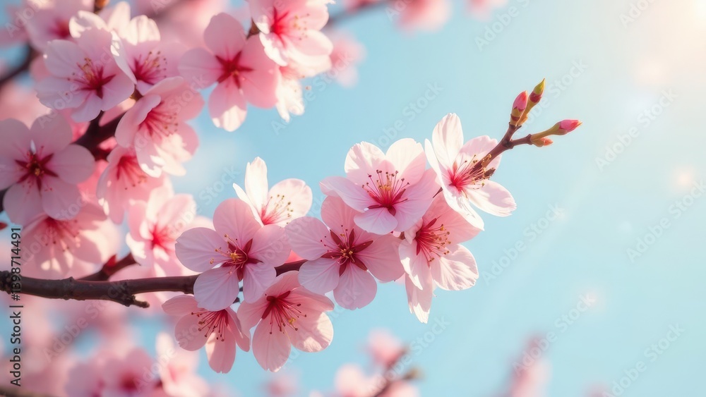 Delicate Pink Blossoms Flourishing on a Branch Against a Serene Light Blue Sky, a Symbol of Springtime Renewal and Natural Beauty Delicate Pink Blossoms Flourishing on a Branch Against a Serene Light Blue Sky, a Symbol of Springtime Renewal and Natural Beauty