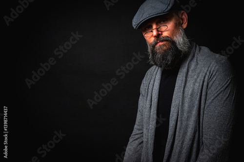 Obraz na płótnie Portrait of an emotional bearded man in a gray brass knuckles, a gray sweater and glasses looking at the camera on a dark background. Dramatic portrait in subdued lighting, expressive face, emotional w salonie