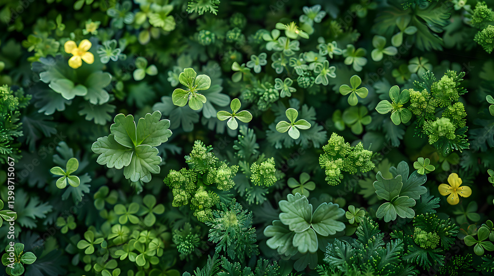 A dense carpet of varied green foliage with small yellow flowers interspersed throughout the scene - Ideal for desktop background, banner and more. A dense carpet of varied green foliage with small yellow flowers interspersed throughout the scene - Ideal for desktop background, banner and more.