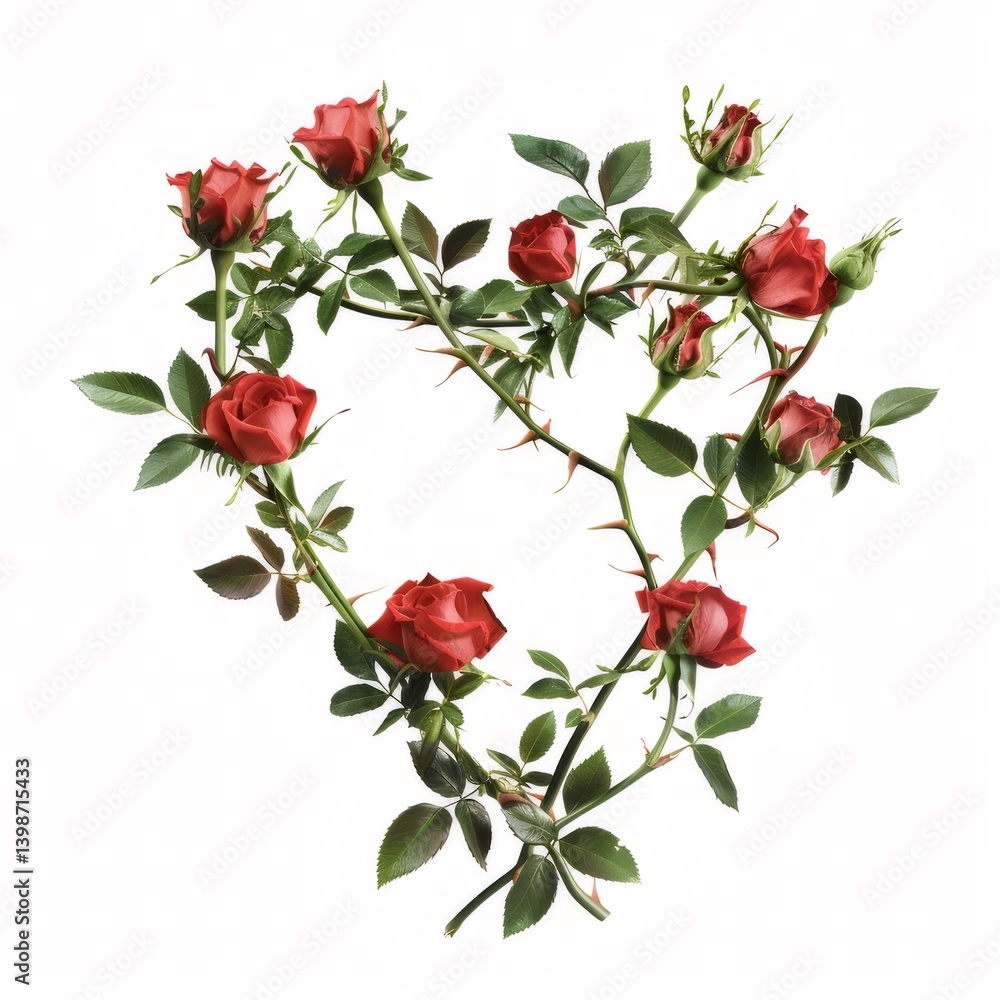 Close Up of Red Roses Forming a Heart Shape Against White Background with Green Leaves and Thorny Stems Close Up of Red Roses Forming a Heart Shape Against White Background with Green Leaves and Thorny Stems