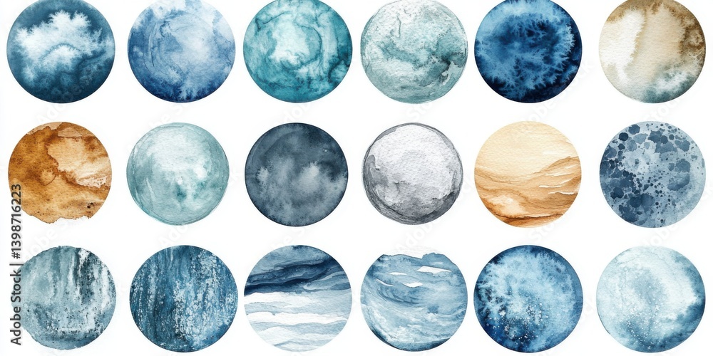 Abstract circular watercolor patterns in blue and earth tones Abstract circular watercolor patterns in blue and earth tones