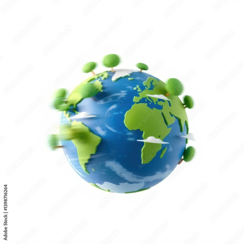 Fototapeta premium A whimsical illustration of a green and blue Earth with trees and clouds, conveying environmental themes.