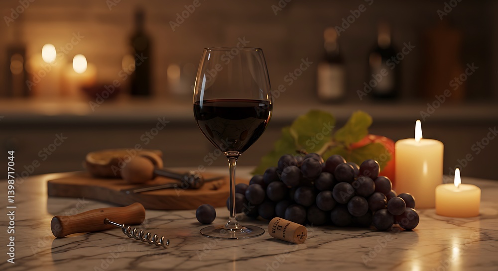 Glass of Red Wine with Grapes and Candles in Rustic Kitchen Glass of Red Wine with Grapes and Candles in Rustic Kitchen