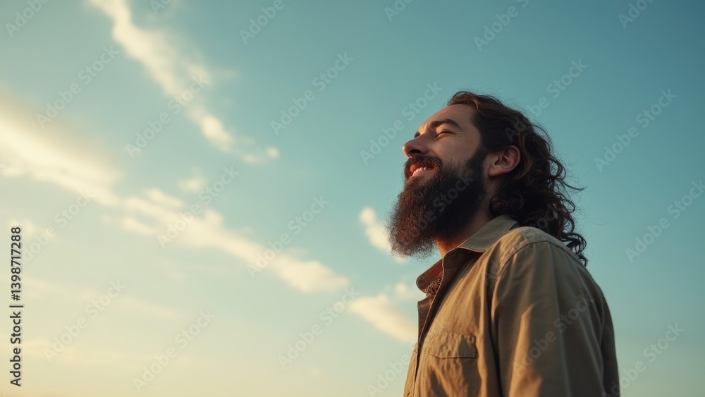 Man with a beard is smiling and looking up at the sky. The sky is blue with some clouds