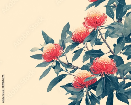 Minimalist realistic blooming waratah tree, red flower heads, view from below on light beige background.