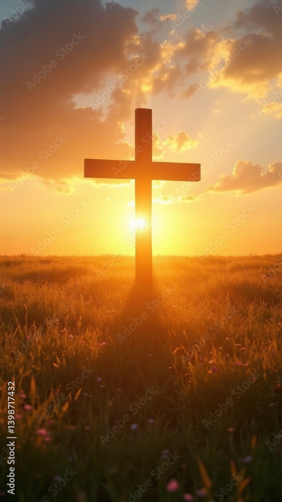 Wooden cross is standing in a field of grass with the sun shining on it. The scene is serene and peaceful, with the cross symbolizing hope and faith