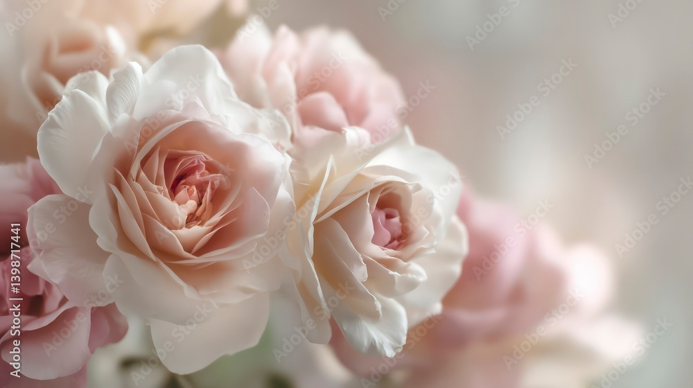 Romantic Soft Pink Roses in Bloom with Pastel Tones and Blurred Background Romantic Soft Pink Roses in Bloom with Pastel Tones and Blurred Background