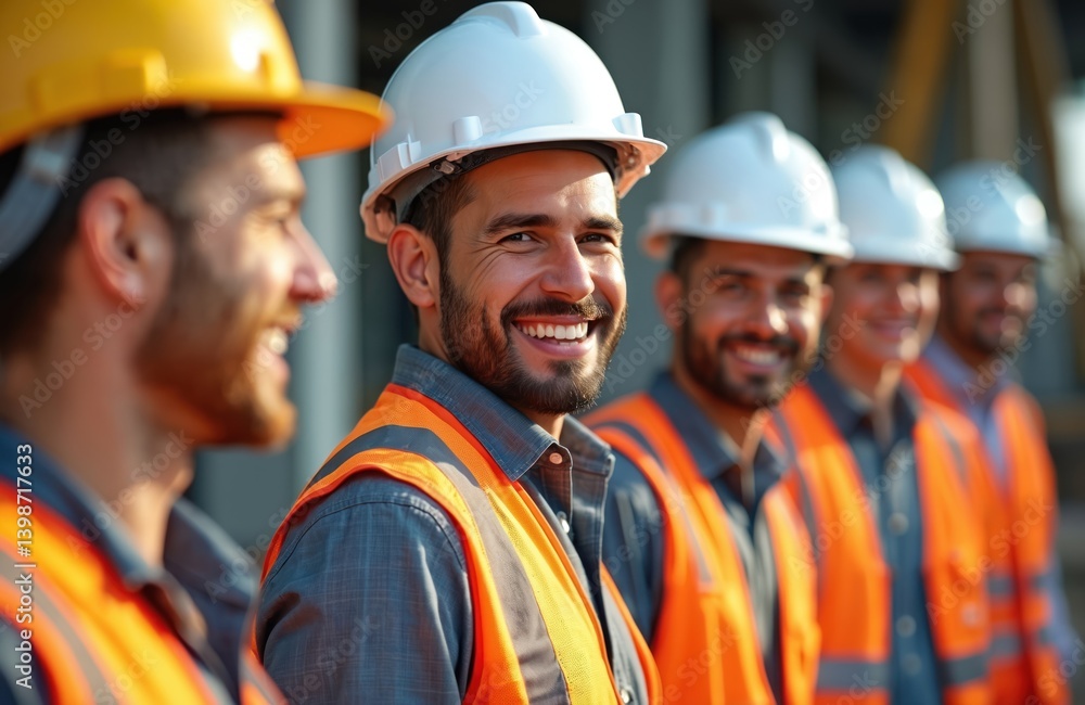 Group smiling engineers professionals wearing hard hats helmets. Construction site team teamwork. Men construction workers smiling happy. People in uniform work together. Success, project, plan, Group smiling engineers professionals wearing hard hats helmets. Construction site team teamwork. Men construction workers smiling happy. People in uniform work together. Success, project, plan,
