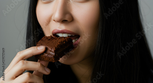 Woman Enjoying a Bite of Chocolate Brownie 