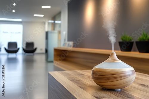 Modern electric aroma diffuser humidifying waiting room in office, copy space