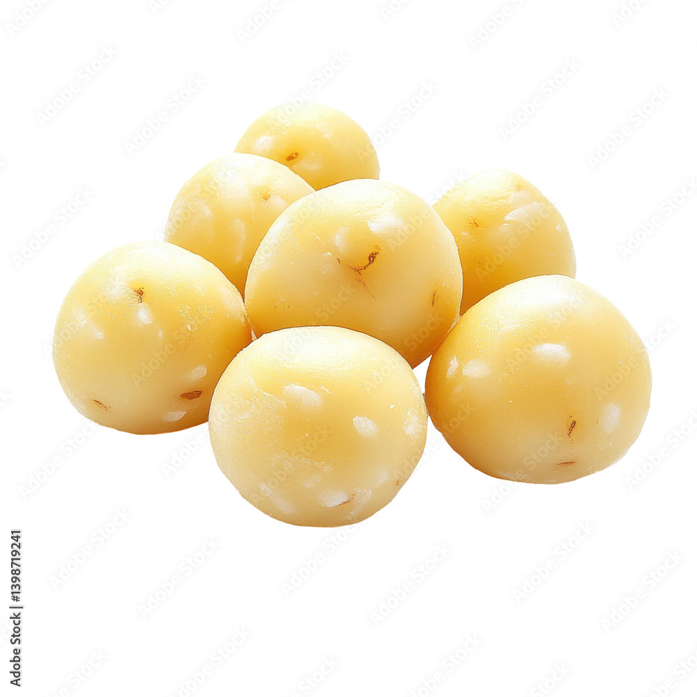 Freshly harvested yellow potatoes arranged in a pile on a clean white background Freshly harvested yellow potatoes arranged in a pile on a clean white background