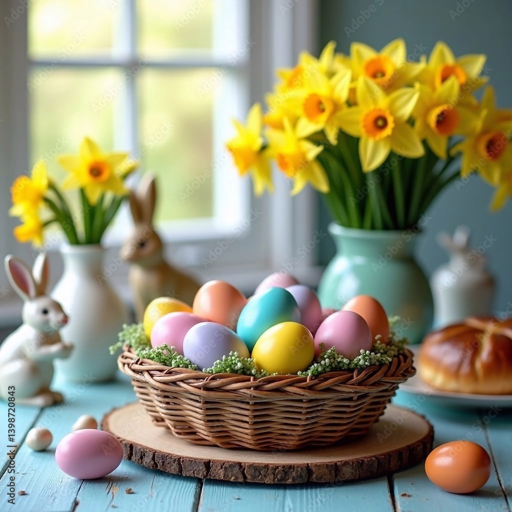 Colorful Easter eggs arranged in a basket with daffodils and decorative bunnies in a cozy setting Colorful Easter eggs arranged in a basket with daffodils and decorative bunnies in a cozy setting