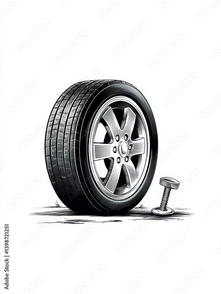 Obraz premium Tire and Bolt - Close-up of a tire and a bolt on a white background. Perfect for automotive, repair, or maintenance concepts