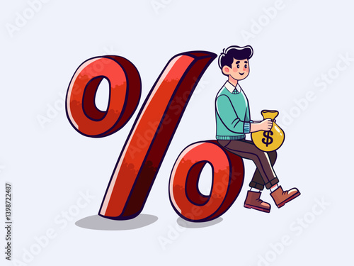 Business discount and investments concept. Bank has a low interest rate. Man searching for loan, investment, financial consulting. Cartoon vector isolated illustration.
