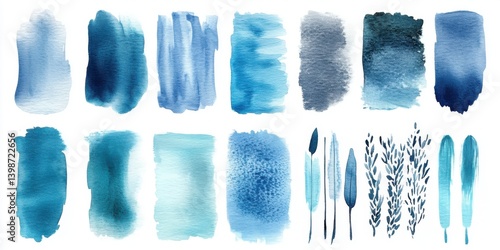Variety of blue watercolor brush strokes and abstract shapes with botanical elements