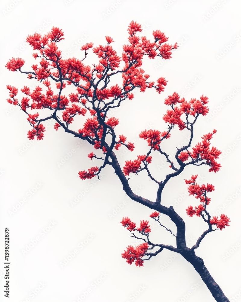 Minimalist realistic blooming crabapple tree, vibrant red flowers, side view on light beige background. Minimalist realistic blooming crabapple tree, vibrant red flowers, side view on light beige background.