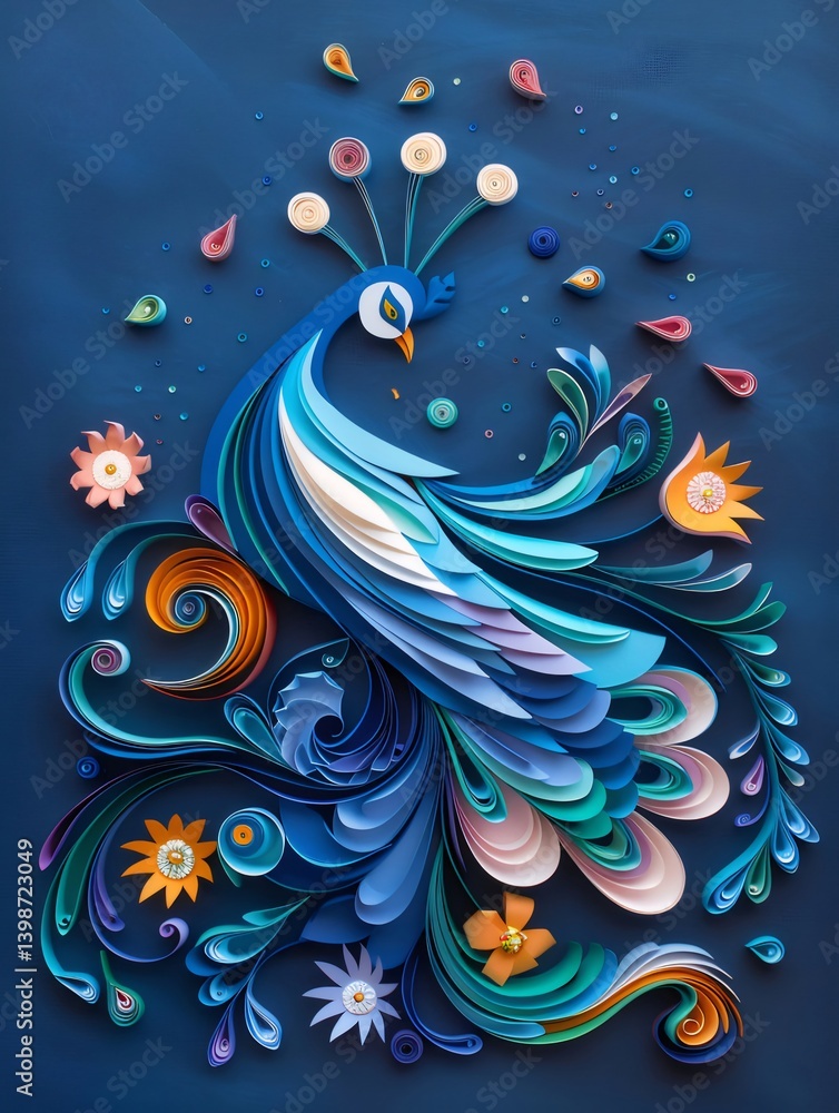 Detailed Paper Craft Peacock With Blue Feather Displaying Colorful Design Elements Against Dark Blue Background Detailed Paper Craft Peacock With Blue Feather Displaying Colorful Design Elements Against Dark Blue Background