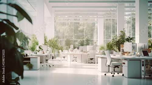 Fototapeta Naklejka Na Ścianę i Meble -  Bright modern office space with white furniture, large windows, and green plants