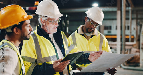 Εκτύπωση καμβά Teamwork, blueprint or people in carpentry workshop for furniture manufacturing, renovation or labor