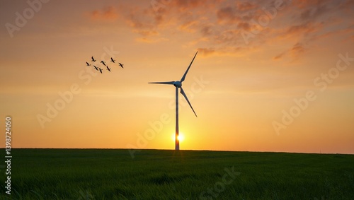 Wind turbine and birds silhouetted against a vibrant sunset over a green field.