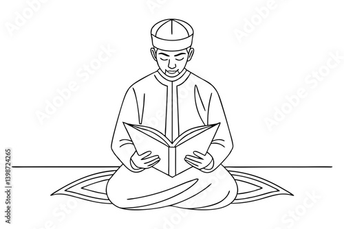 Muslim Man Reading Quran Line Drawing