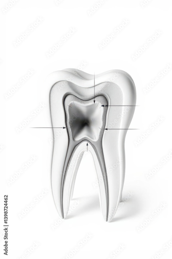 Tooth Anatomy: Cross-section showing enamel, dentin, and pulp cavity structure inside a human molar. Tooth Anatomy: Cross-section showing enamel, dentin, and pulp cavity structure inside a human molar.