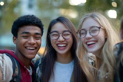Group of diverse friends smiling and taking a selfie outside