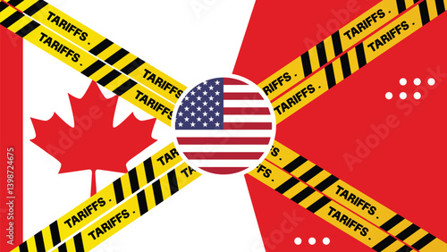 USA tariffs on Canada concept background with flag and yellow tape typography on it.