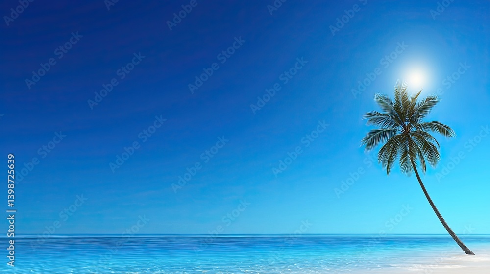 Fototapeta premium Tranquil Tropical Paradise: Lone Palm Tree on Pristine Beach under a Vivid Blue Sky