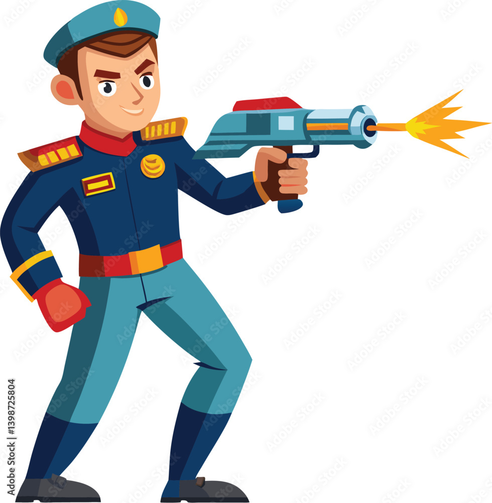 Heroic space captain with uniform and laser gun. Commanding a starship for intergalactic missions. Heroic space captain with uniform and laser gun. Commanding a starship for intergalactic missions.