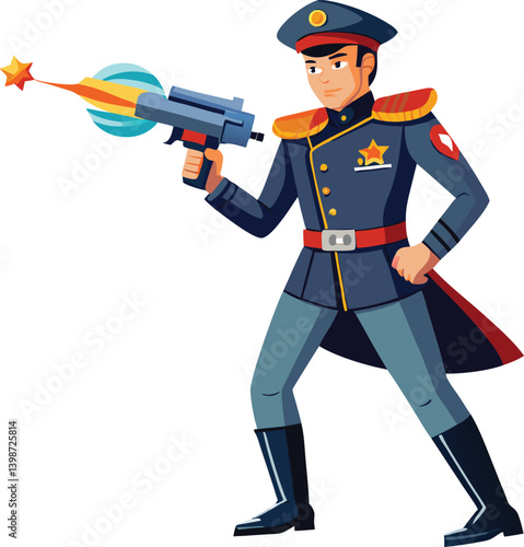 Heroic space captain with uniform and laser gun. Commanding a starship for intergalactic missions.